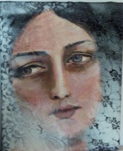 An acrylic painting on canvas featuring a close-up portrait of a woman with a contemplative expression.